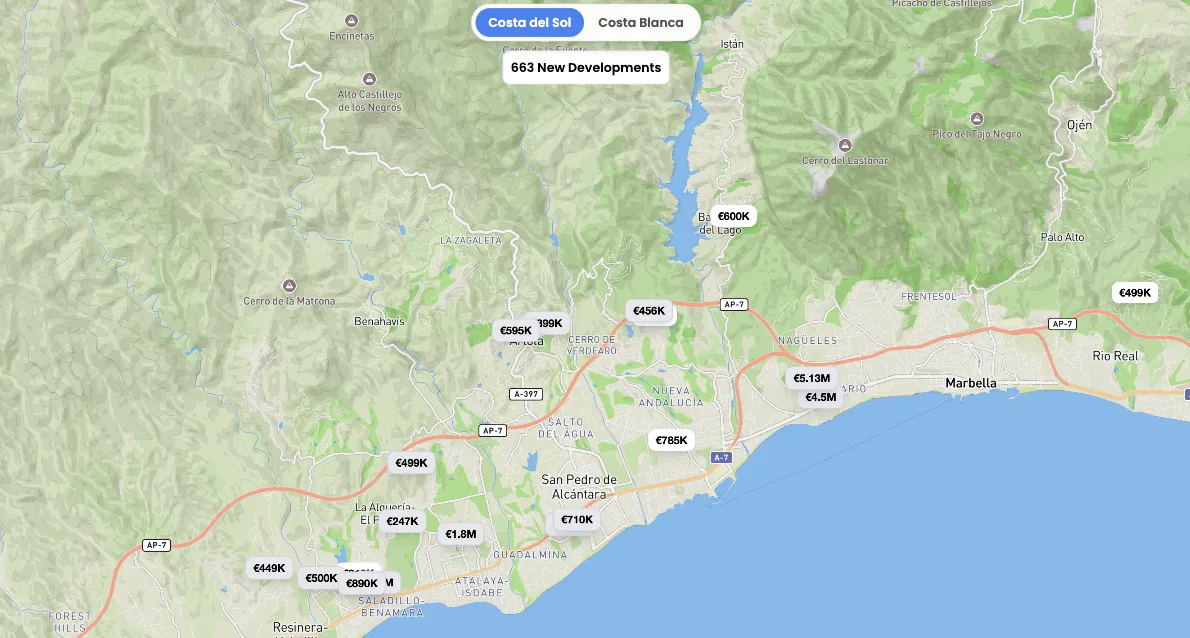 Directimo map showing new-build price pins across Costa del Sol and Costa Blanca